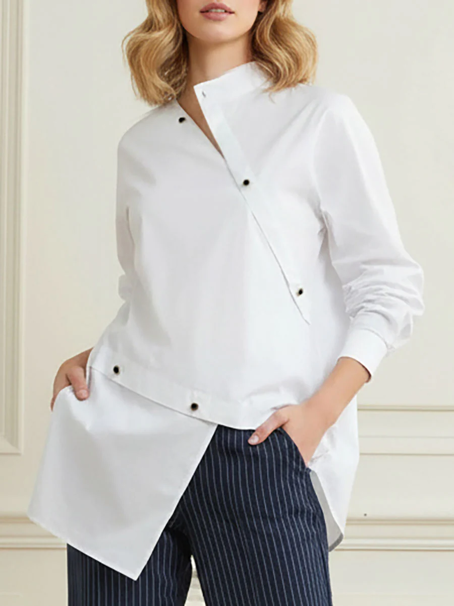 Long Sleeves Asymmetric Buttoned Split-Front Blouses&Shirts Tops - Image 2