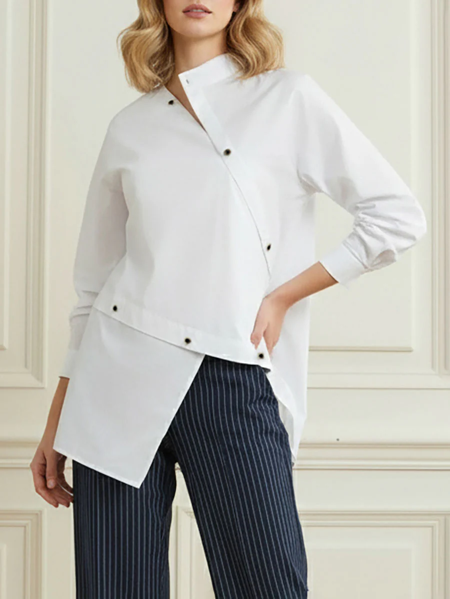 Long Sleeves Asymmetric Buttoned Split-Front Blouses&Shirts Tops - Image 3