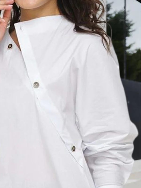 Long Sleeves Asymmetric Buttoned Split-Front Blouses&Shirts Tops - Image 4
