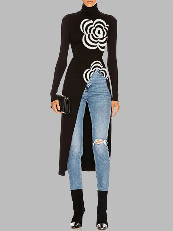 Long Sleeves Asymmetric Printed Split-Joint High Neck Pullovers Sweater Tops - Image 2