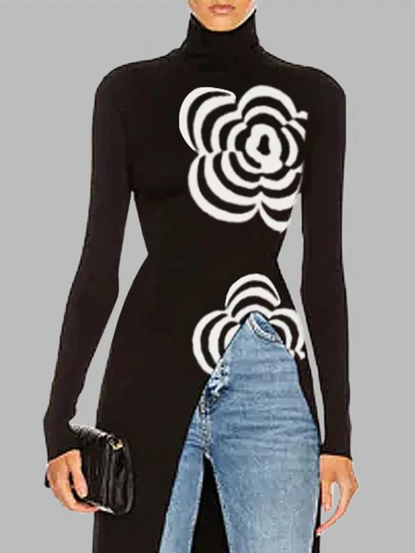 Long Sleeves Asymmetric Printed Split-Joint High Neck Pullovers Sweater Tops - Image 3