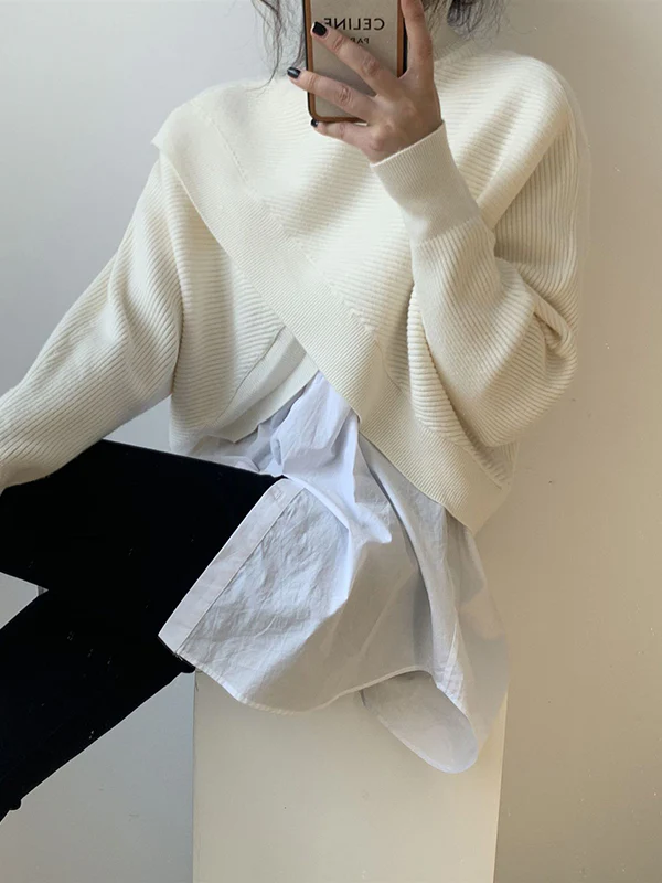 Long Sleeves Asymmetric Solid Color Split-Front High-Neck Knitwear Pullovers Sweater - Image 10