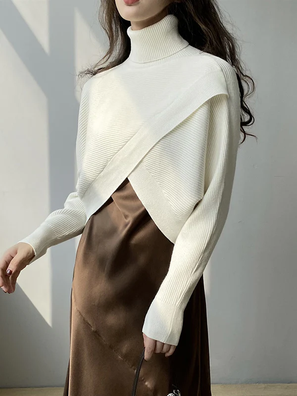 Long Sleeves Asymmetric Solid Color Split-Front High-Neck Knitwear Pullovers Sweater - Image 11