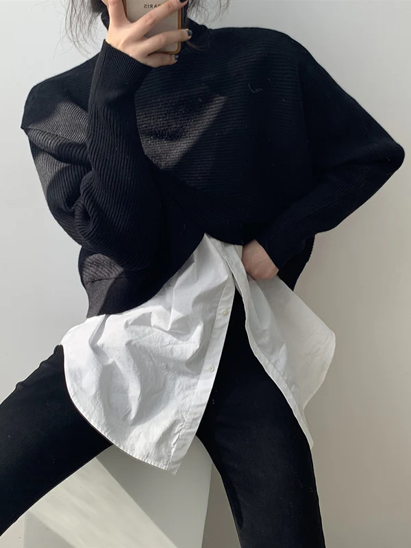 Long Sleeves Asymmetric Solid Color Split-Front High-Neck Knitwear Pullovers Sweater - Image 12