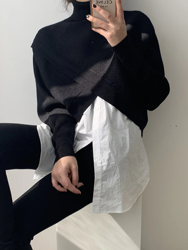 Long Sleeves Asymmetric Solid Color Split-Front High-Neck Knitwear Pullovers Sweater - Image 13