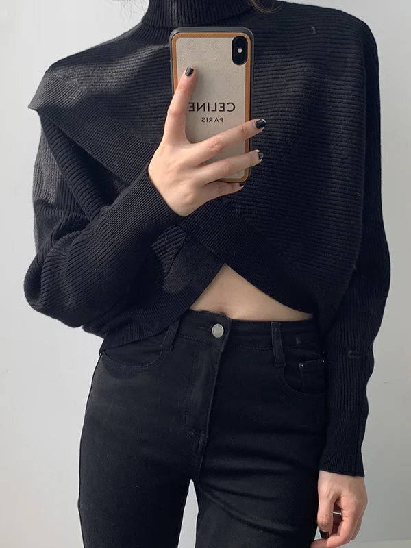 Long Sleeves Asymmetric Solid Color Split-Front High-Neck Knitwear Pullovers Sweater - Image 14