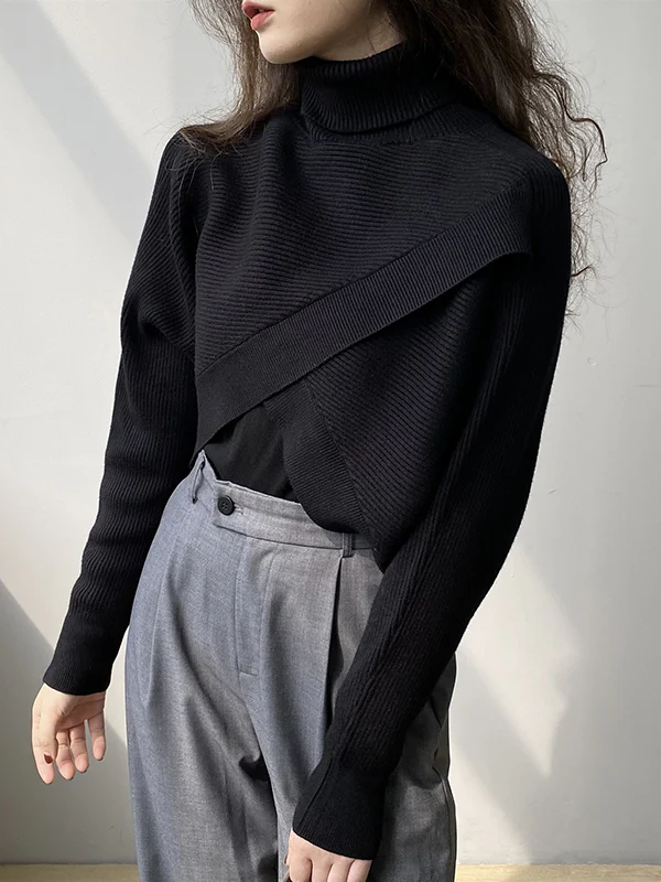Long Sleeves Asymmetric Solid Color Split-Front High-Neck Knitwear Pullovers Sweater - Image 15