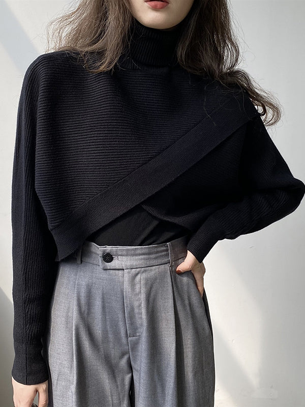 Long Sleeves Asymmetric Solid Color Split-Front High-Neck Knitwear Pullovers Sweater - Image 2
