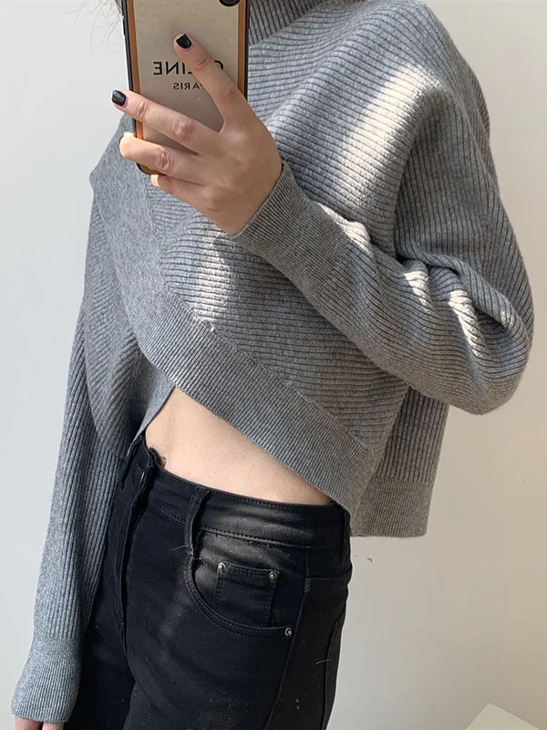 Long Sleeves Asymmetric Solid Color Split-Front High-Neck Knitwear Pullovers Sweater - Image 3