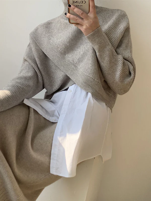 Long Sleeves Asymmetric Solid Color Split-Front High-Neck Knitwear Pullovers Sweater - Image 4