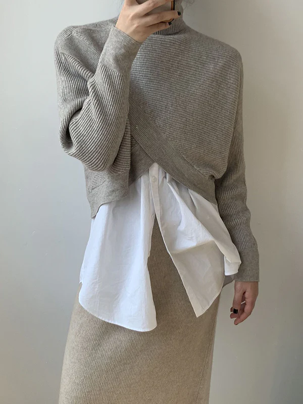 Long Sleeves Asymmetric Solid Color Split-Front High-Neck Knitwear Pullovers Sweater - Image 5
