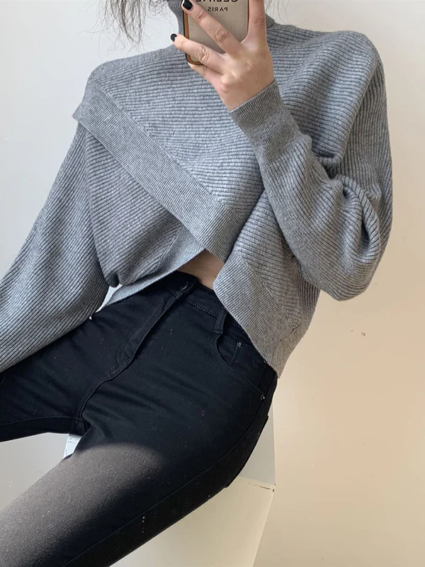 Long Sleeves Asymmetric Solid Color Split-Front High-Neck Knitwear Pullovers Sweater - Image 6