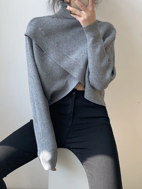Long Sleeves Asymmetric Solid Color Split-Front High-Neck Knitwear Pullovers Sweater - Image 7