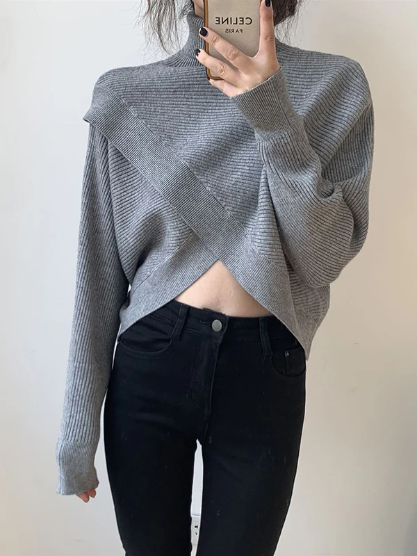 Long Sleeves Asymmetric Solid Color Split-Front High-Neck Knitwear Pullovers Sweater - Image 8