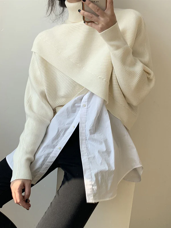 Long Sleeves Asymmetric Solid Color Split-Front High-Neck Knitwear Pullovers Sweater - Image 9