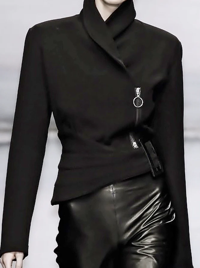 Long Sleeves Asymmetric Solid Color Zipper Stand Collar Jackets - Image 2