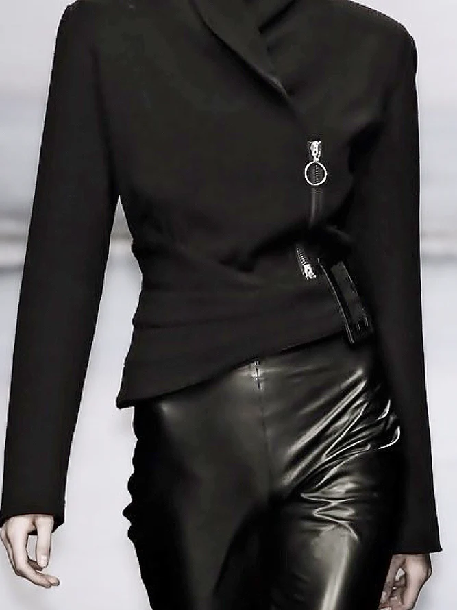 Long Sleeves Asymmetric Solid Color Zipper Stand Collar Jackets - Image 3