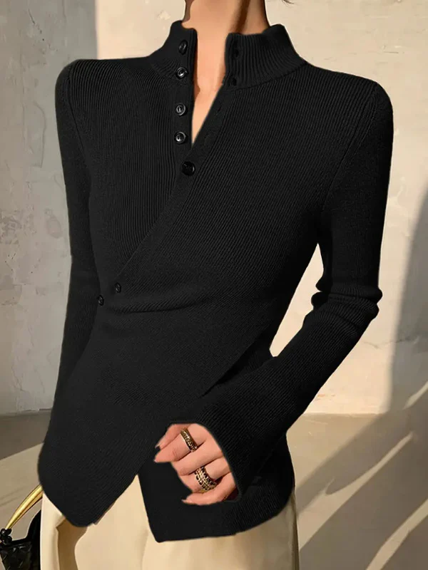 Long Sleeves Asymmetric Split-front Split-Joint V-neck Sweater Tops - Image 2