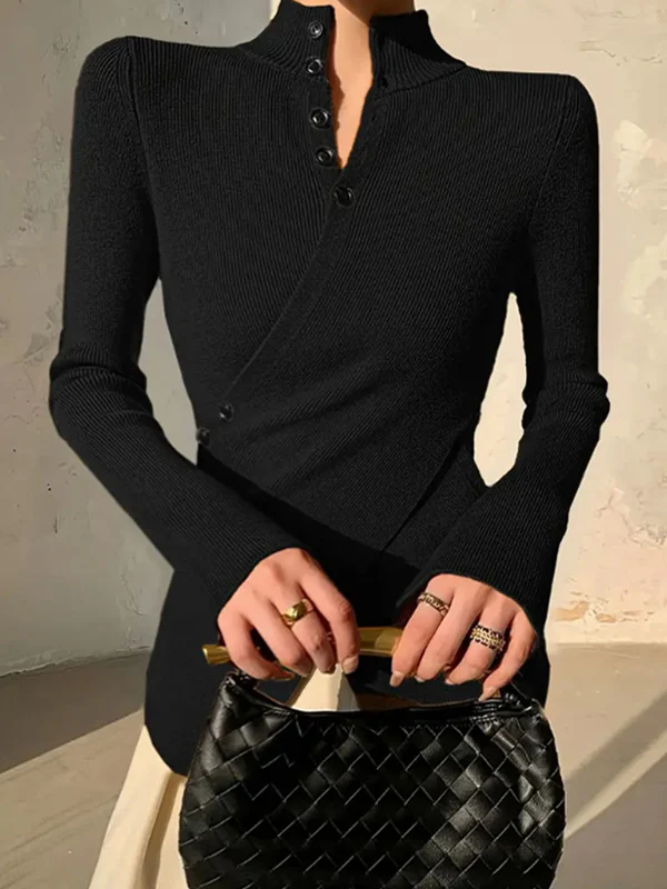 Long Sleeves Asymmetric Split-front Split-Joint V-neck Sweater Tops - Image 4