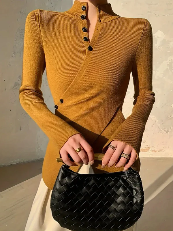Long Sleeves Asymmetric Split-front Split-Joint V-neck Sweater Tops - Image 5