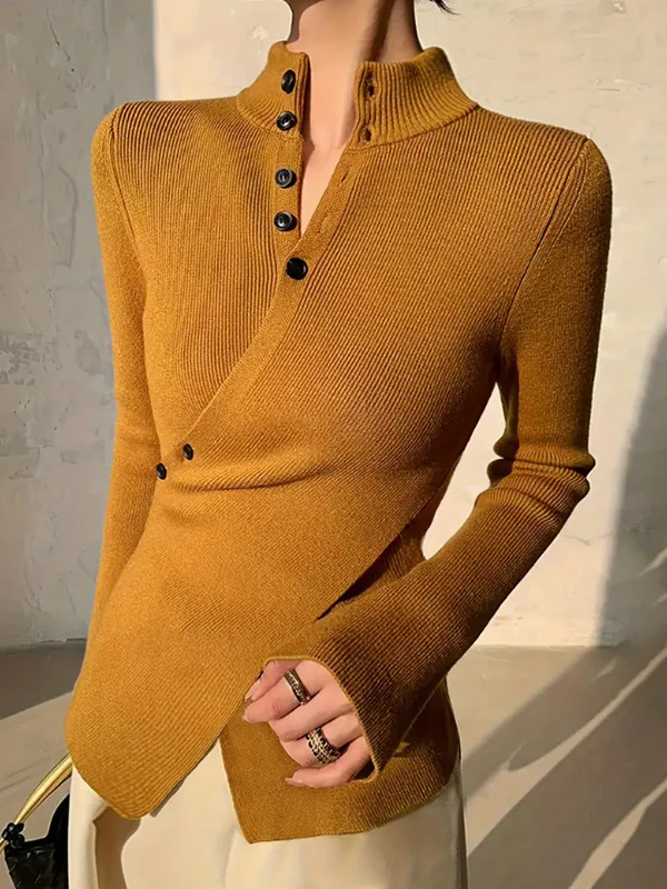 Long Sleeves Asymmetric Split-front Split-Joint V-neck Sweater Tops - Image 6