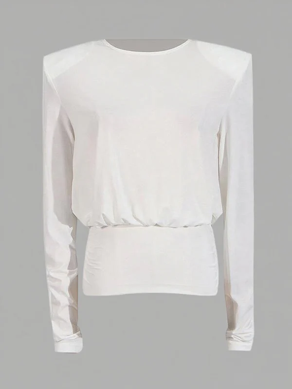 Long Sleeves Backless Shoulder Pad Solid Color Round-Neck Blouses&Shirts Tops