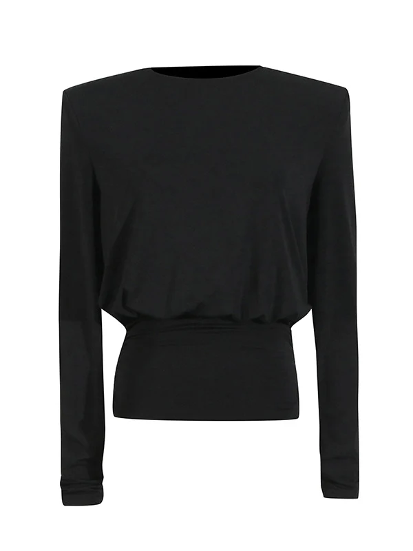 Long Sleeves Backless Shoulder Pad Solid Color Round-Neck Blouses&Shirts Tops - Image 10