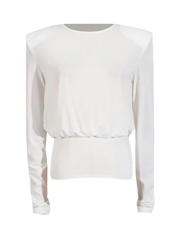 Long Sleeves Backless Shoulder Pad Solid Color Round-Neck Blouses&Shirts Tops - Image 11