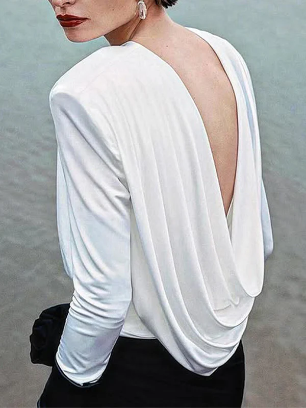 Long Sleeves Backless Shoulder Pad Solid Color Round-Neck Blouses&Shirts Tops - Image 2