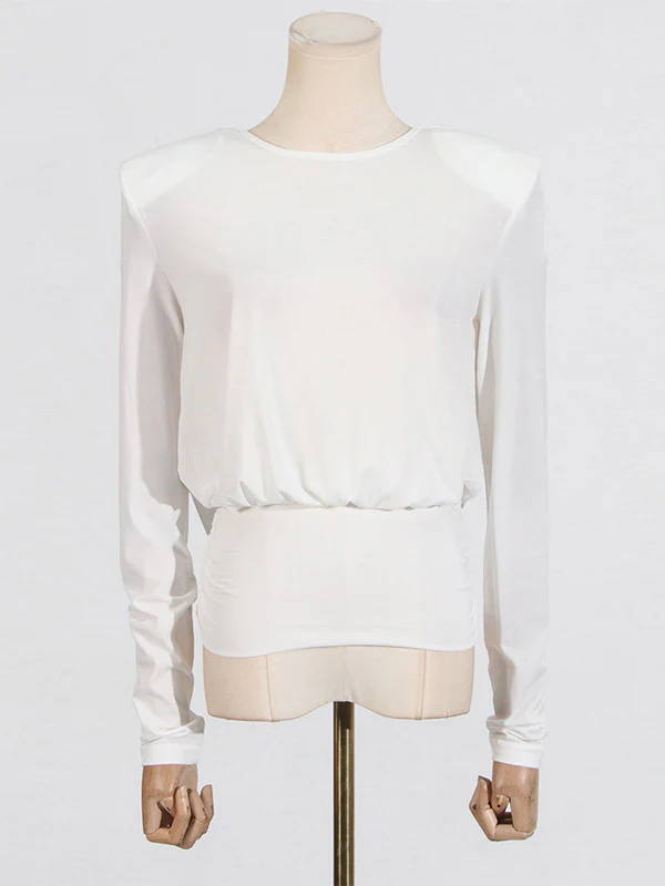 Long Sleeves Backless Shoulder Pad Solid Color Round-Neck Blouses&Shirts Tops - Image 3