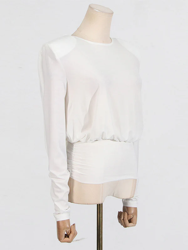 Long Sleeves Backless Shoulder Pad Solid Color Round-Neck Blouses&Shirts Tops - Image 4