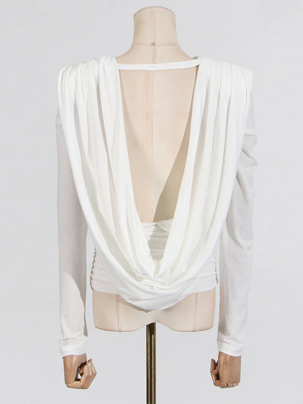 Long Sleeves Backless Shoulder Pad Solid Color Round-Neck Blouses&Shirts Tops - Image 5