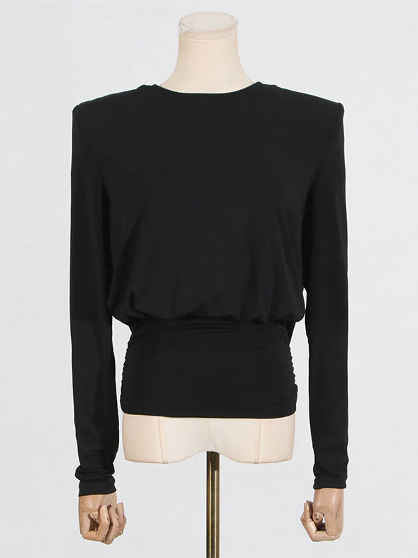 Long Sleeves Backless Shoulder Pad Solid Color Round-Neck Blouses&Shirts Tops - Image 6