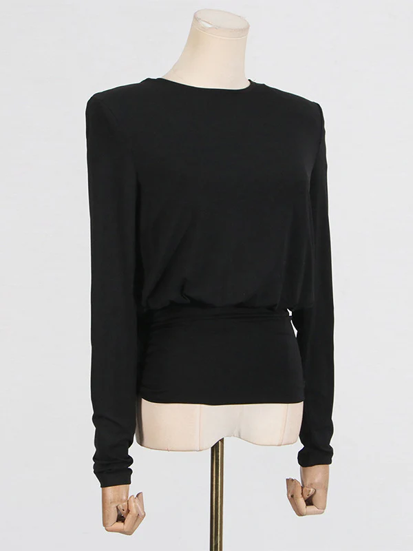 Long Sleeves Backless Shoulder Pad Solid Color Round-Neck Blouses&Shirts Tops - Image 7