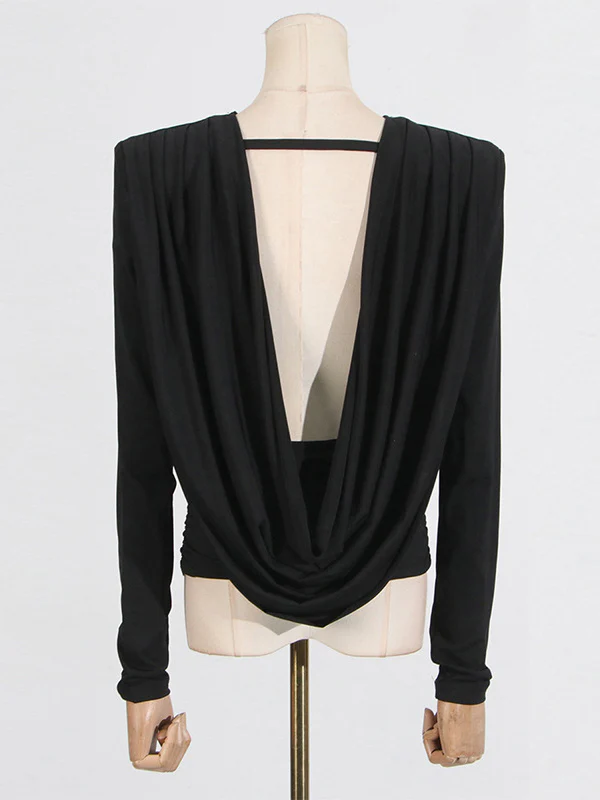 Long Sleeves Backless Shoulder Pad Solid Color Round-Neck Blouses&Shirts Tops - Image 8