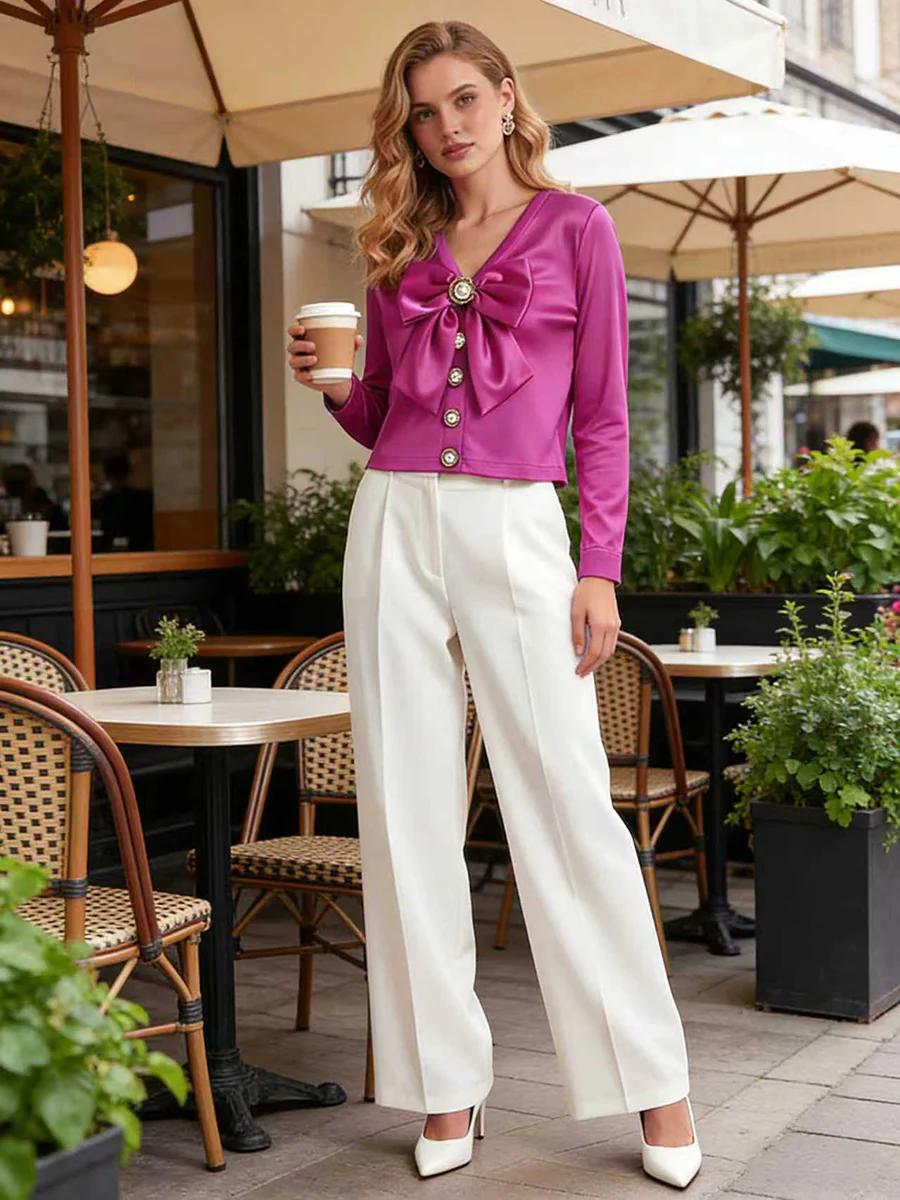 Long Sleeves Bow-Embellished Buttoned Solid Color V-Neck Blouses&Shirts Tops - Image 3