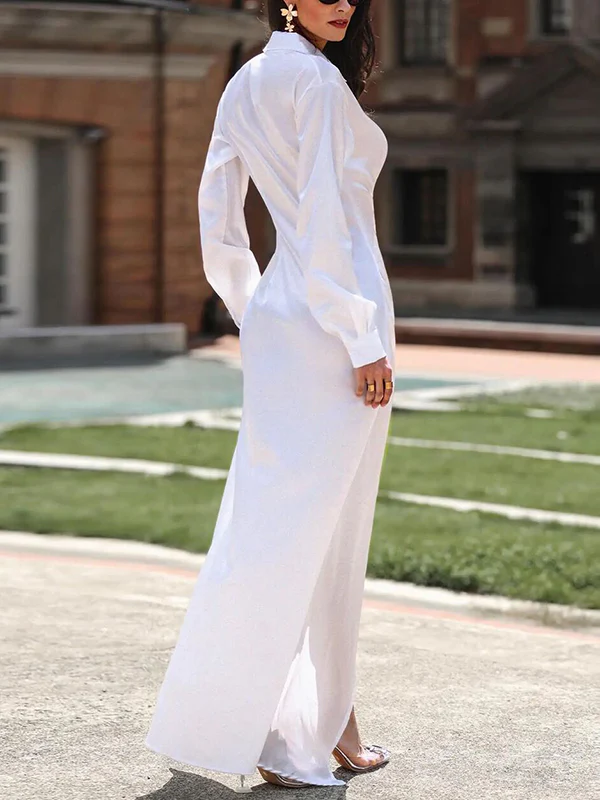 Long Sleeves Buckle Buttoned Pleated Solid Color Split-Front Lapel Maxi Dresses Shirt Dress - Image 5