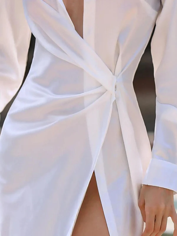 Long Sleeves Buckle Buttoned Pleated Solid Color Split-Front Lapel Maxi Dresses Shirt Dress - Image 7