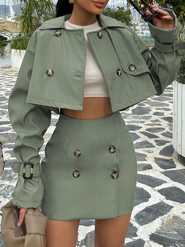 Long Sleeves Buckle Buttoned Split-Joint Lapel Outerwear Top + Bodycon Skirts Bottom Two Pieces Set - Image 2