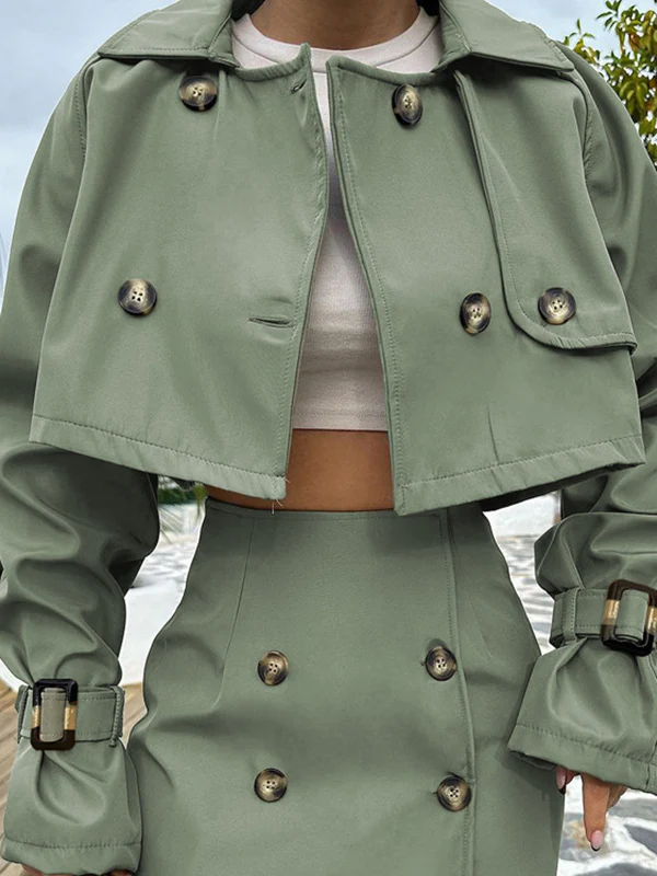 Long Sleeves Buckle Buttoned Split-Joint Lapel Outerwear Top + Bodycon Skirts Bottom Two Pieces Set - Image 4