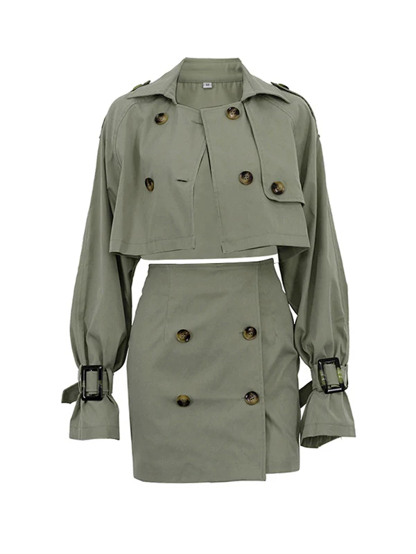 Long Sleeves Buckle Buttoned Split-Joint Lapel Outerwear Top + Bodycon Skirts Bottom Two Pieces Set - Image 6