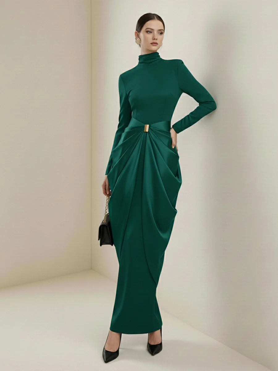 Long Sleeves Buckle Draped High-Neck Evening Dresses Maxi Dresses - Image 10