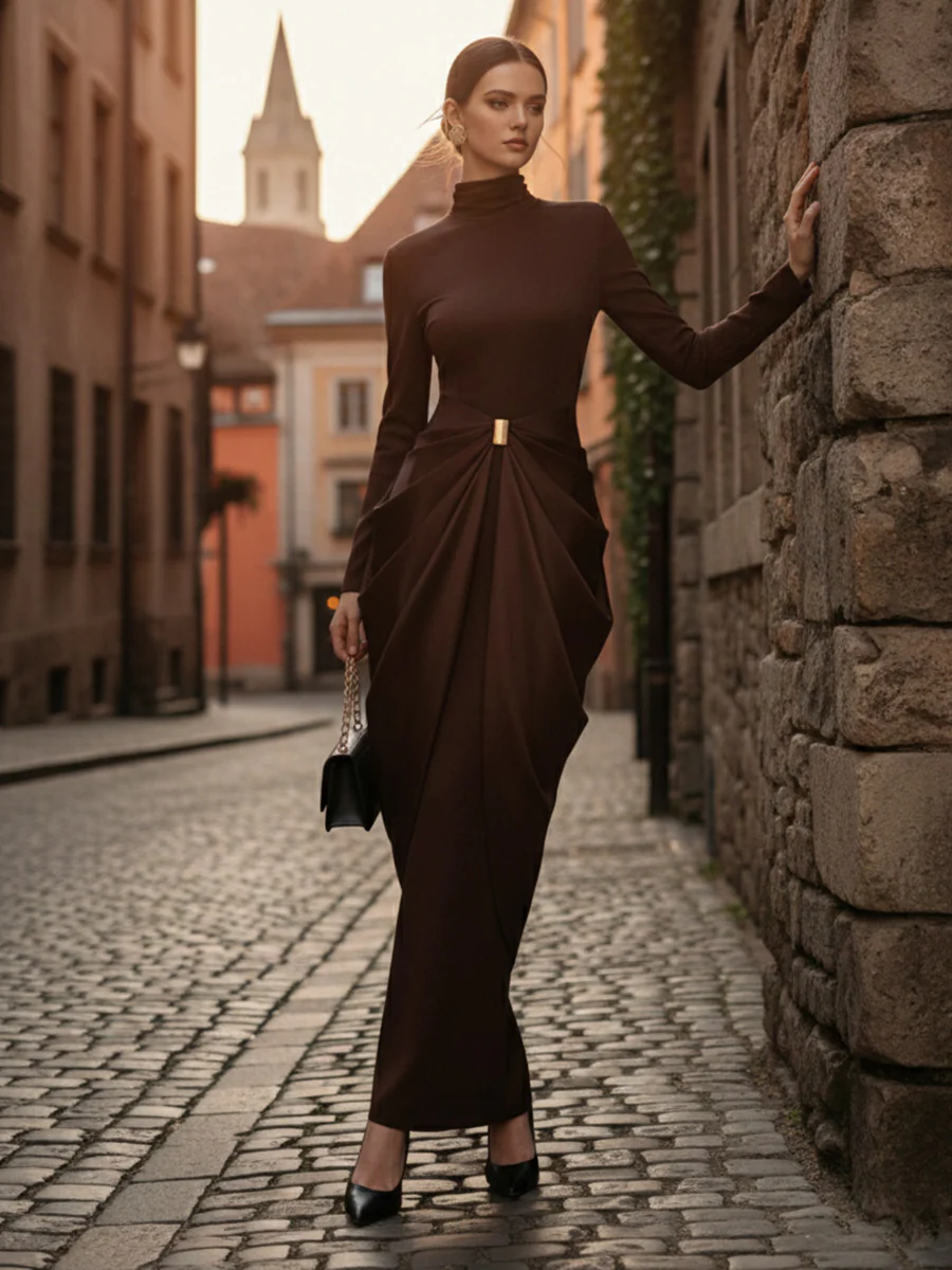 Long Sleeves Buckle Draped High-Neck Evening Dresses Maxi Dresses - Image 11