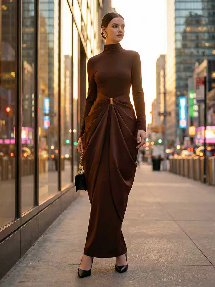 Long Sleeves Buckle Draped High-Neck Evening Dresses Maxi Dresses - Image 12
