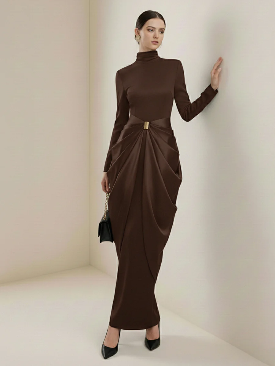 Long Sleeves Buckle Draped High-Neck Evening Dresses Maxi Dresses - Image 13