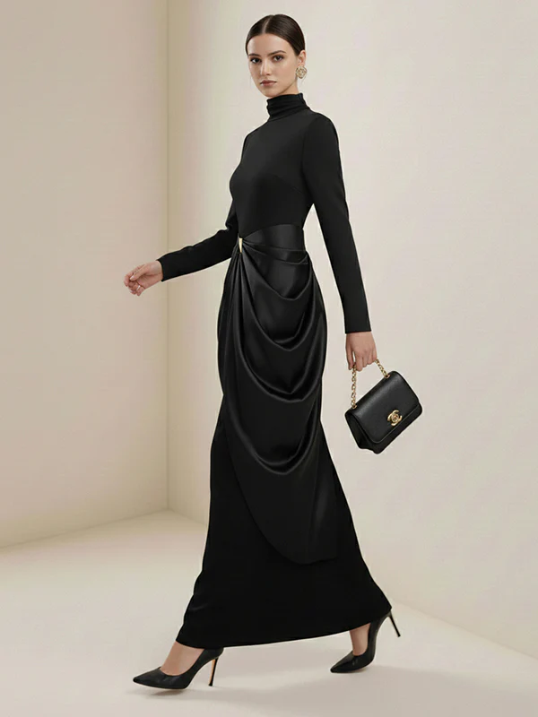 Long Sleeves Buckle Draped High-Neck Evening Dresses Maxi Dresses - Image 14