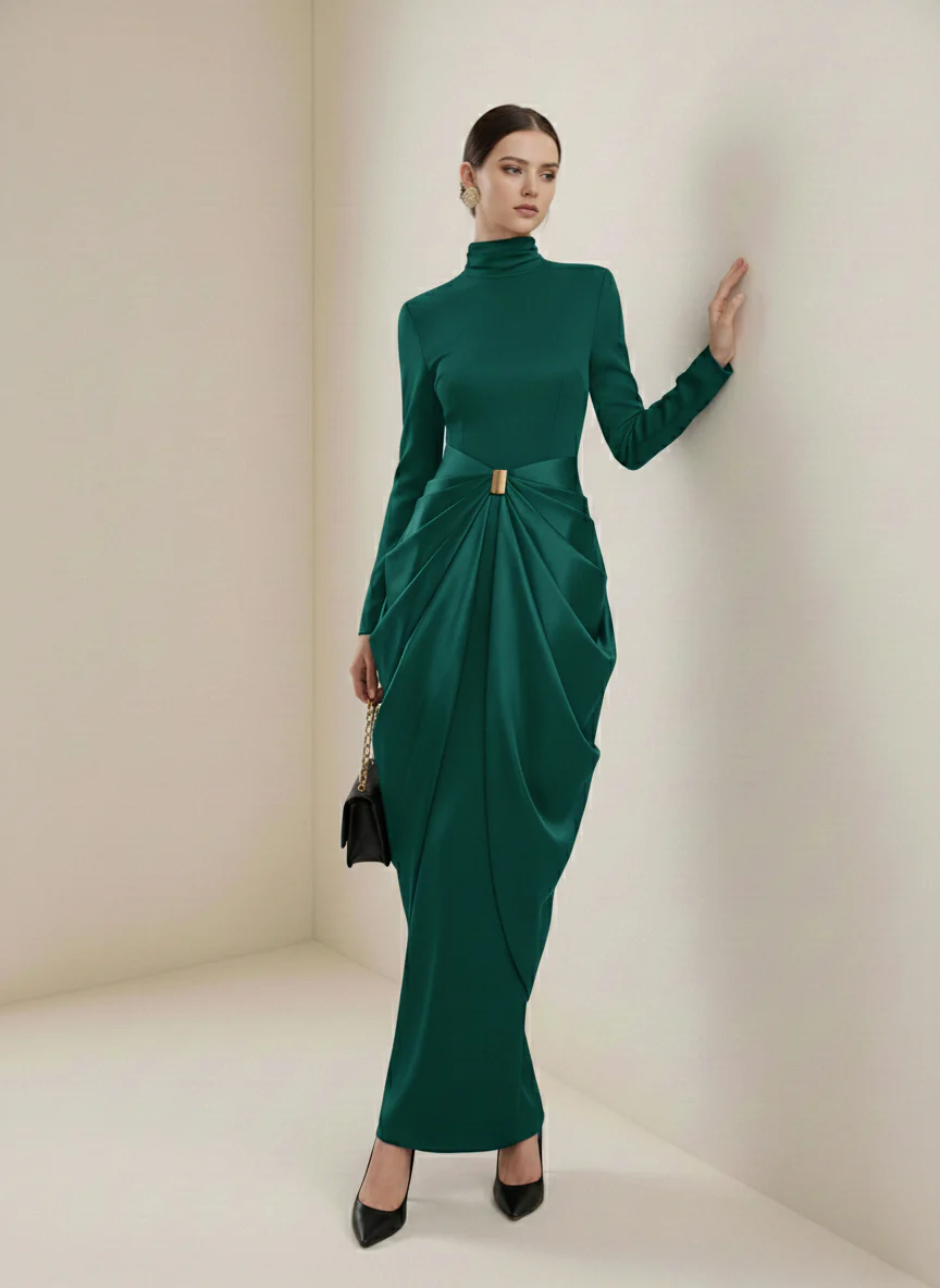 Long Sleeves Buckle Draped High-Neck Evening Dresses Maxi Dresses - Image 15