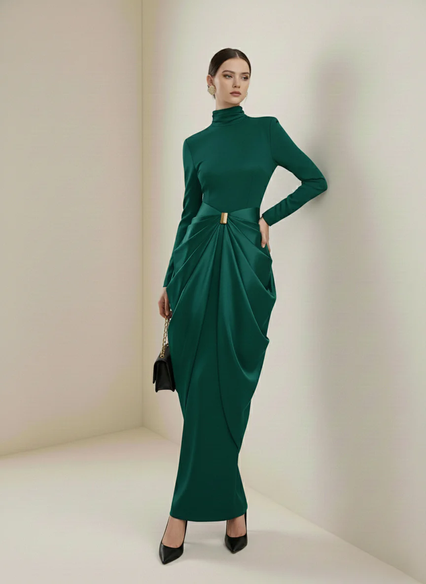 Long Sleeves Buckle Draped High-Neck Evening Dresses Maxi Dresses - Image 17