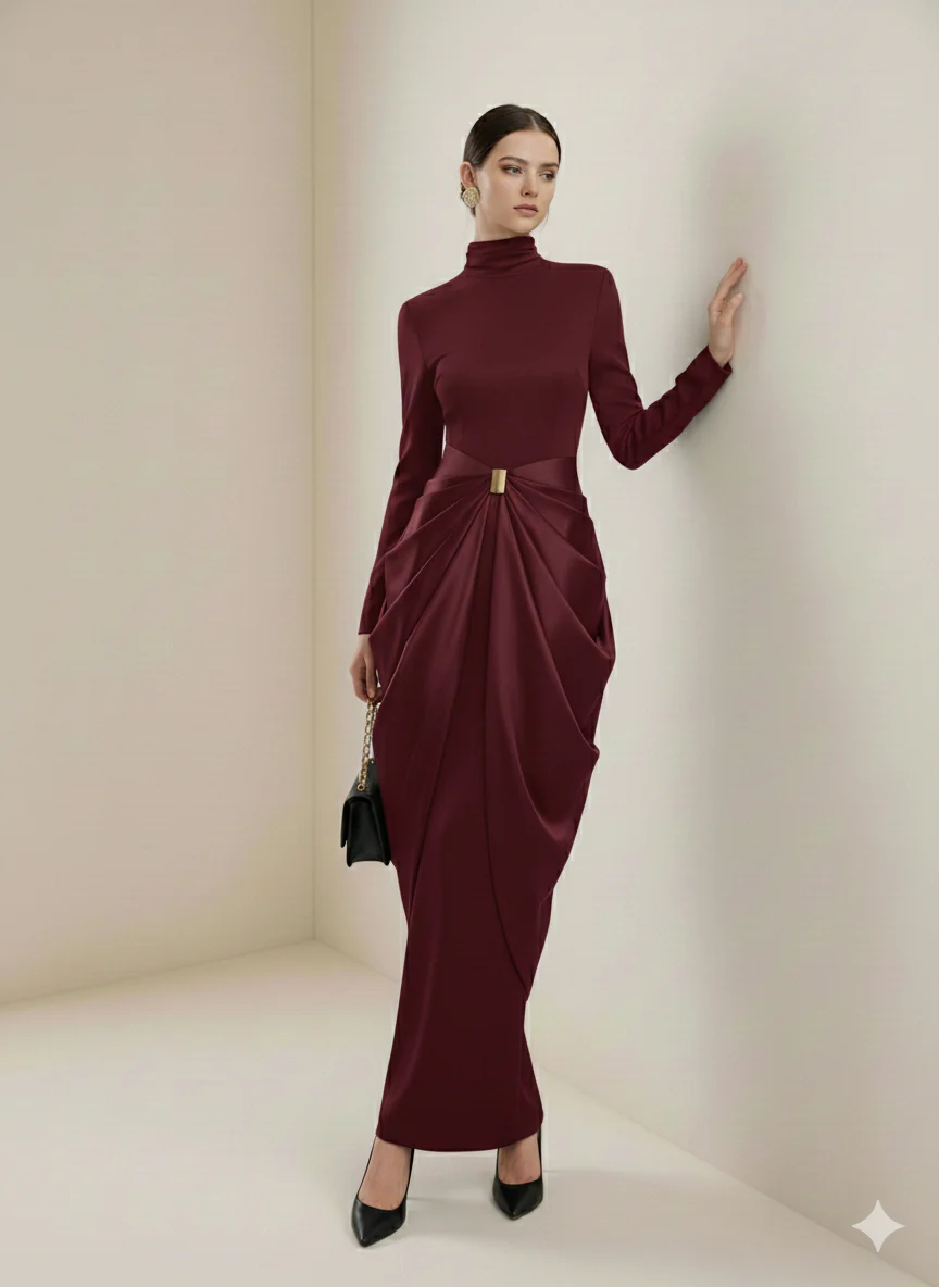 Long Sleeves Buckle Draped High-Neck Evening Dresses Maxi Dresses - Image 18