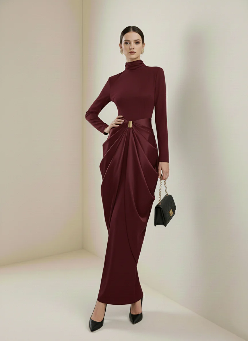 Long Sleeves Buckle Draped High-Neck Evening Dresses Maxi Dresses - Image 19